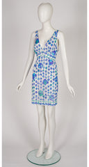 1960s Blue & Green Floral Print Deep V-Neck Nightgown
