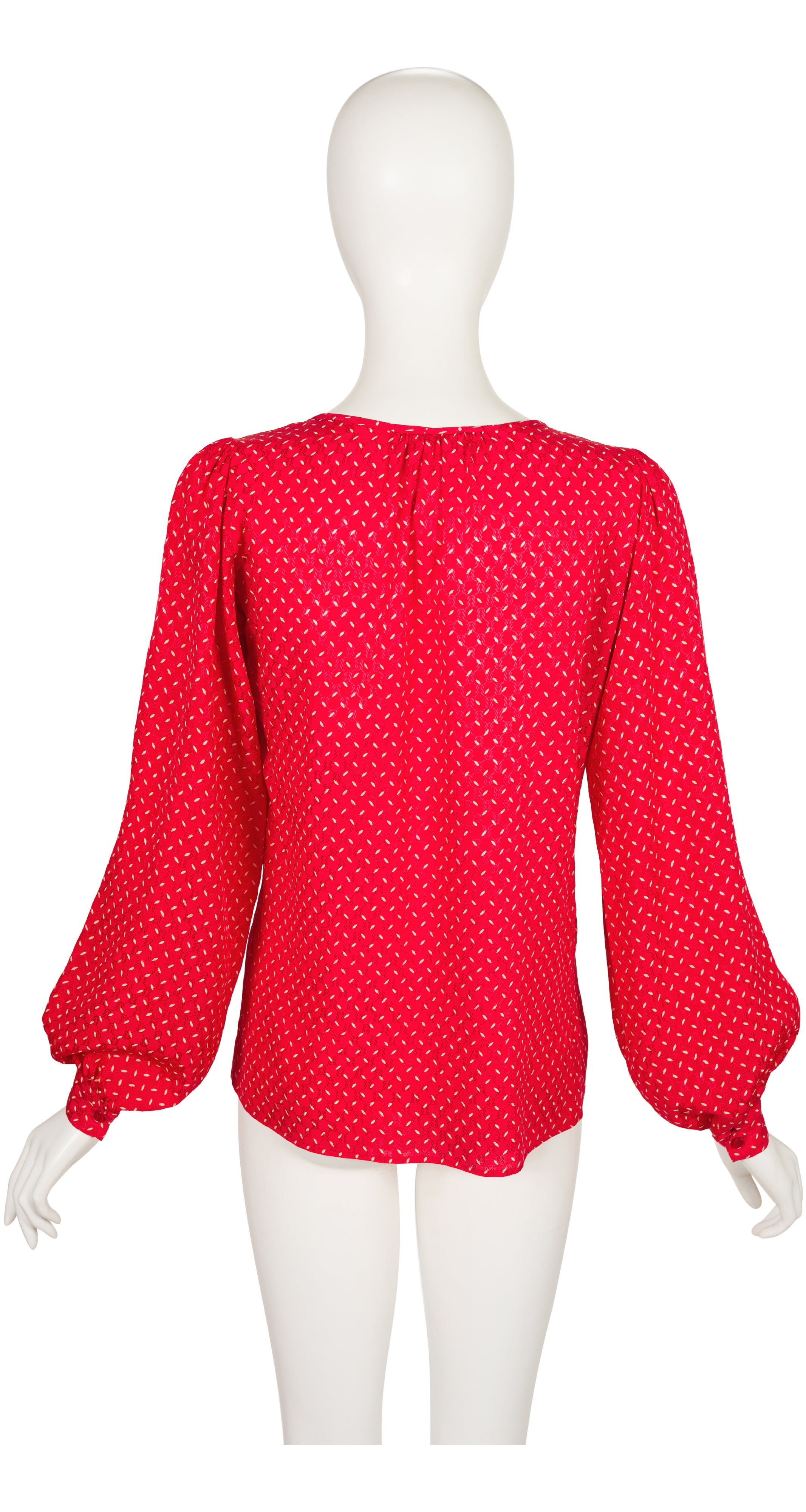 1970s Confetti Print Red Silk Bishop Sleeve Blouse