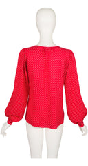 1970s Confetti Print Red Silk Bishop Sleeve Blouse