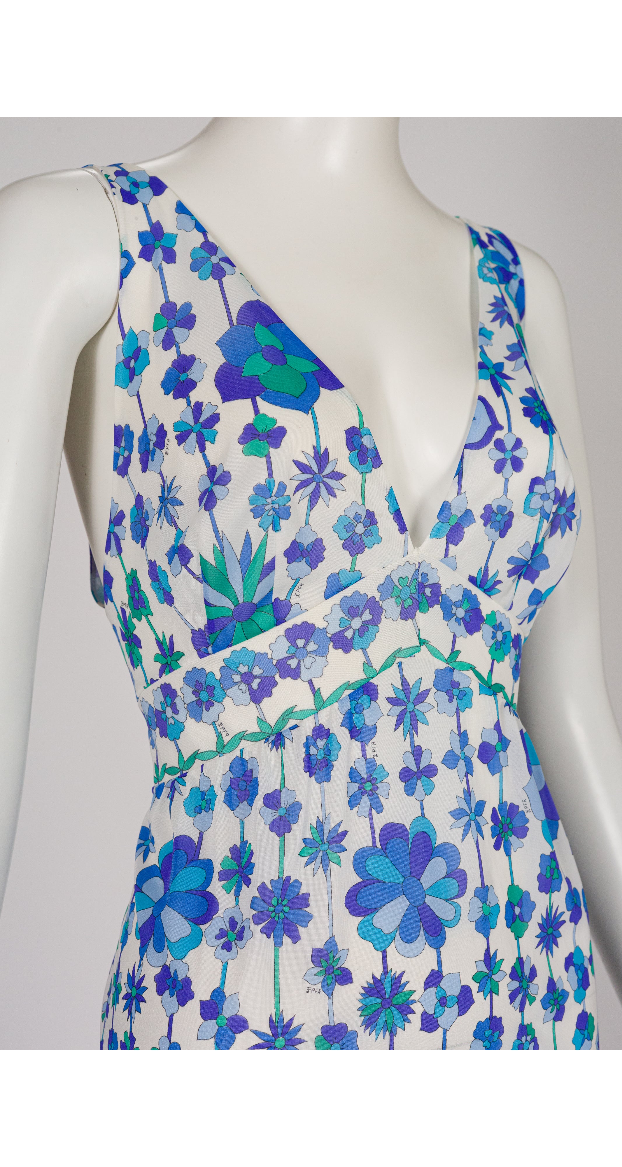 1960s Blue & Green Floral Print Deep V-Neck Nightgown