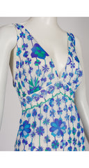 1960s Blue & Green Floral Print Deep V-Neck Nightgown