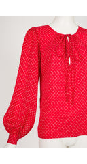 1970s Confetti Print Red Silk Bishop Sleeve Blouse