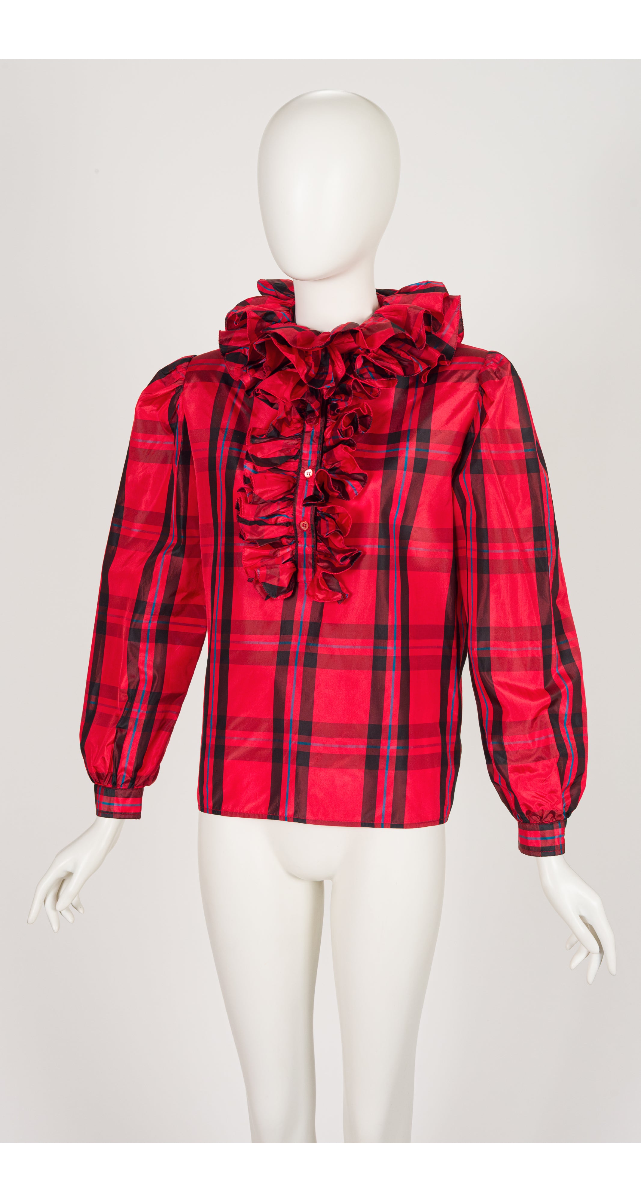 1980s Red Plaid Silk Taffeta Ruffle Collar Blouse