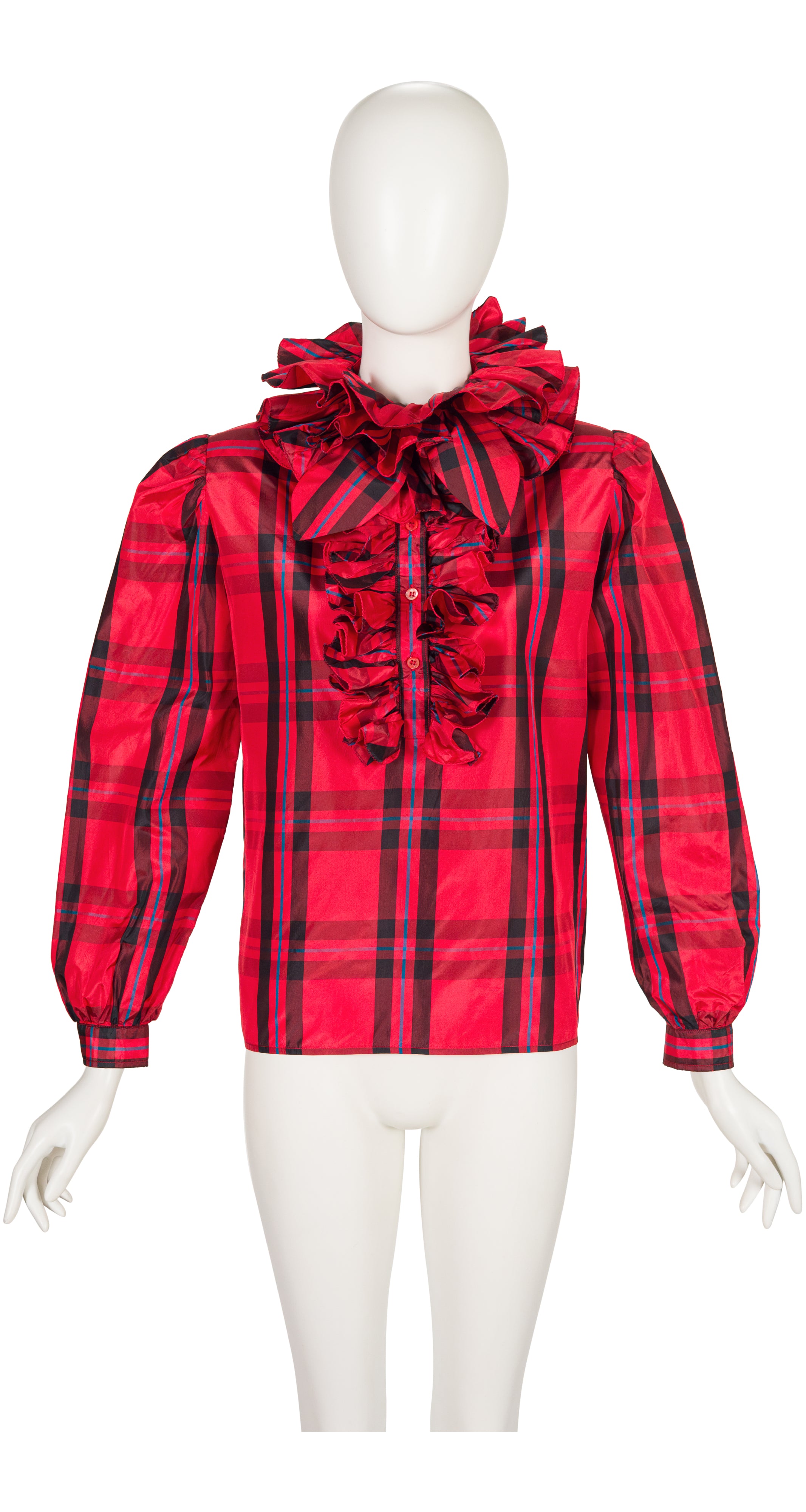 1980s Red Plaid Silk Taffeta Ruffle Collar Blouse