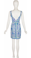 1960s Blue & Green Floral Print Deep V-Neck Nightgown