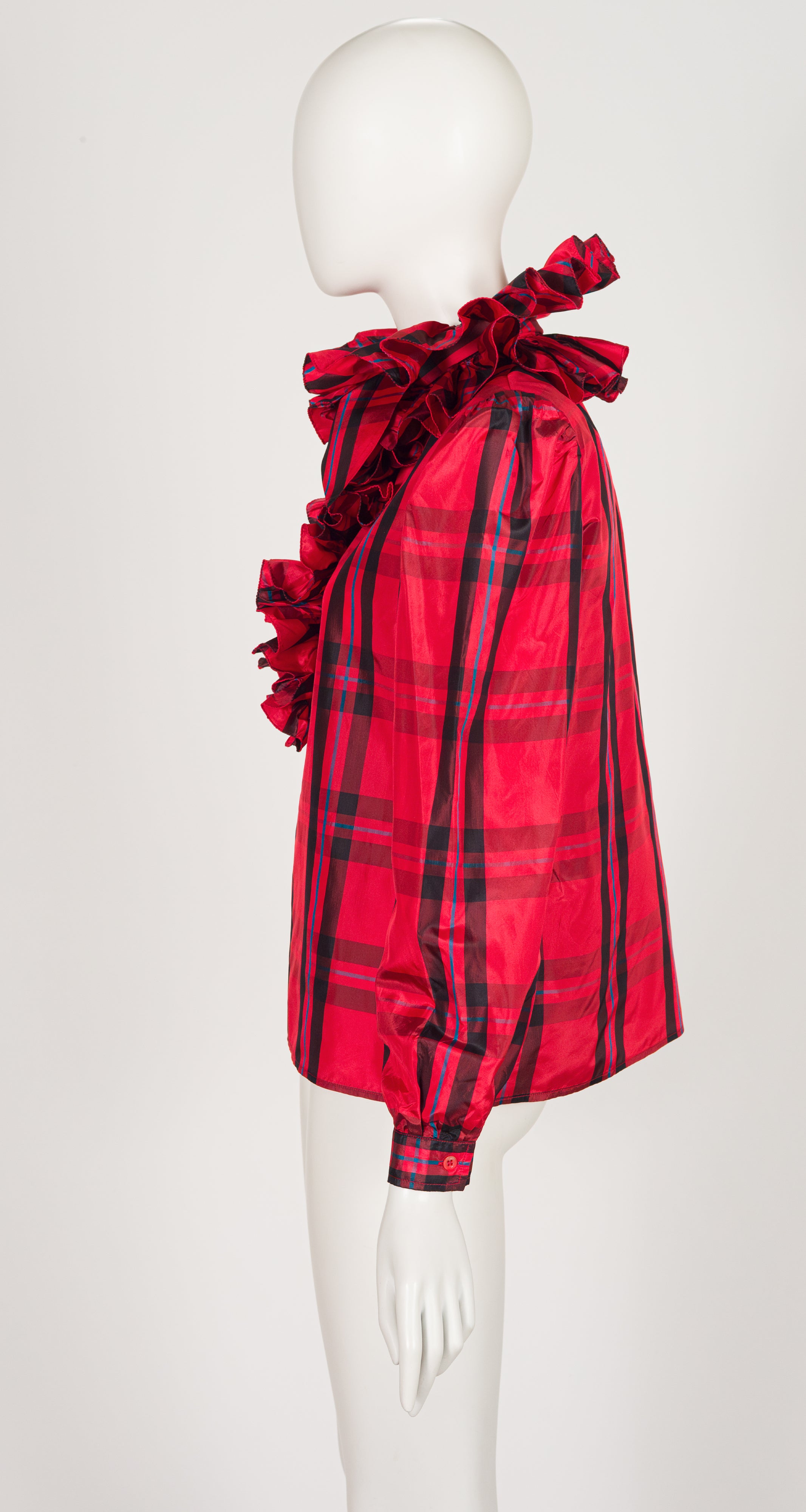 1980s Red Plaid Silk Taffeta Ruffle Collar Blouse