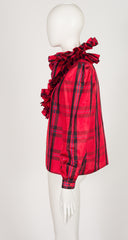 1980s Red Plaid Silk Taffeta Ruffle Collar Blouse