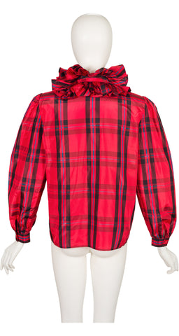 1980s Red Plaid Silk Taffeta Ruffle Collar Blouse