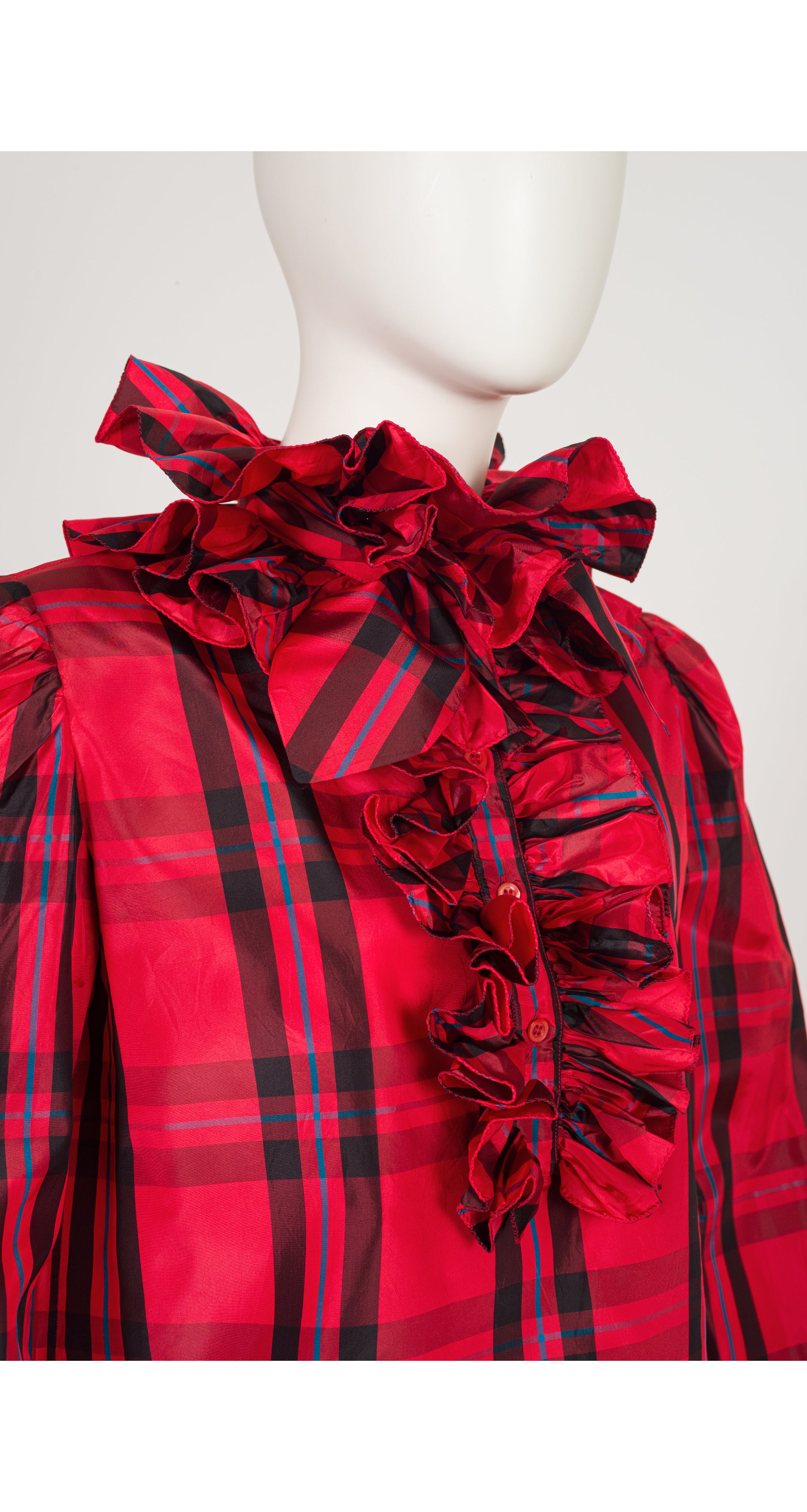1980s Red Plaid Silk Taffeta Ruffle Collar Blouse