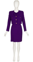1990s Purple Rayon Crepe Bow Skirt Suit