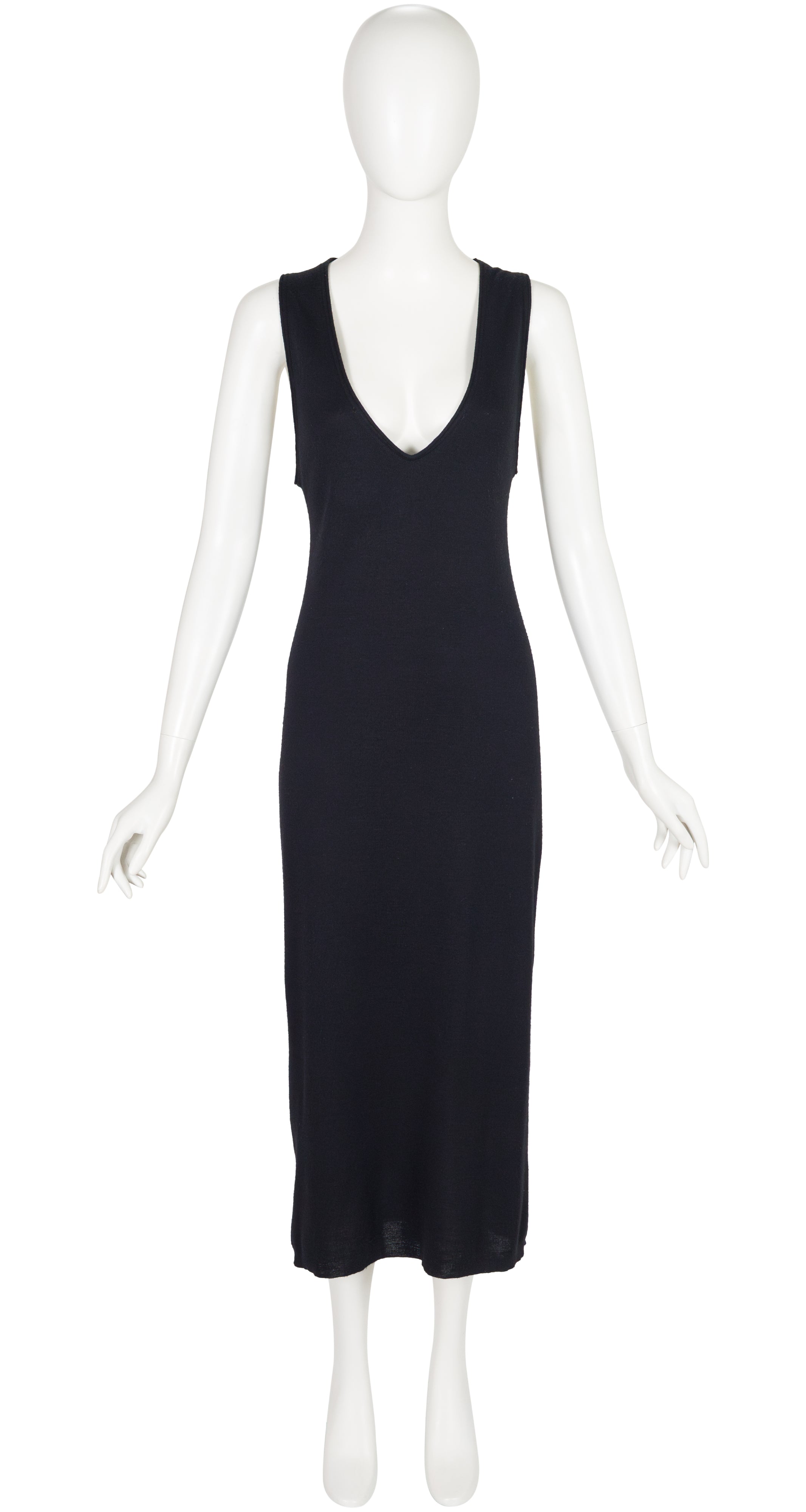 1990s Black Wool Knit Deep V Neck Midi Dress