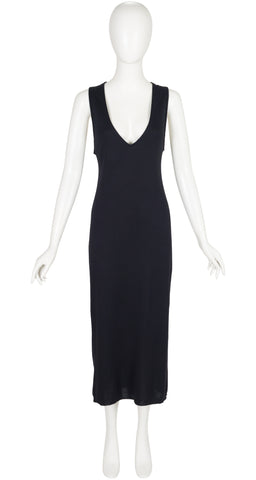 1990s Black Wool Knit Deep V Neck Midi Dress