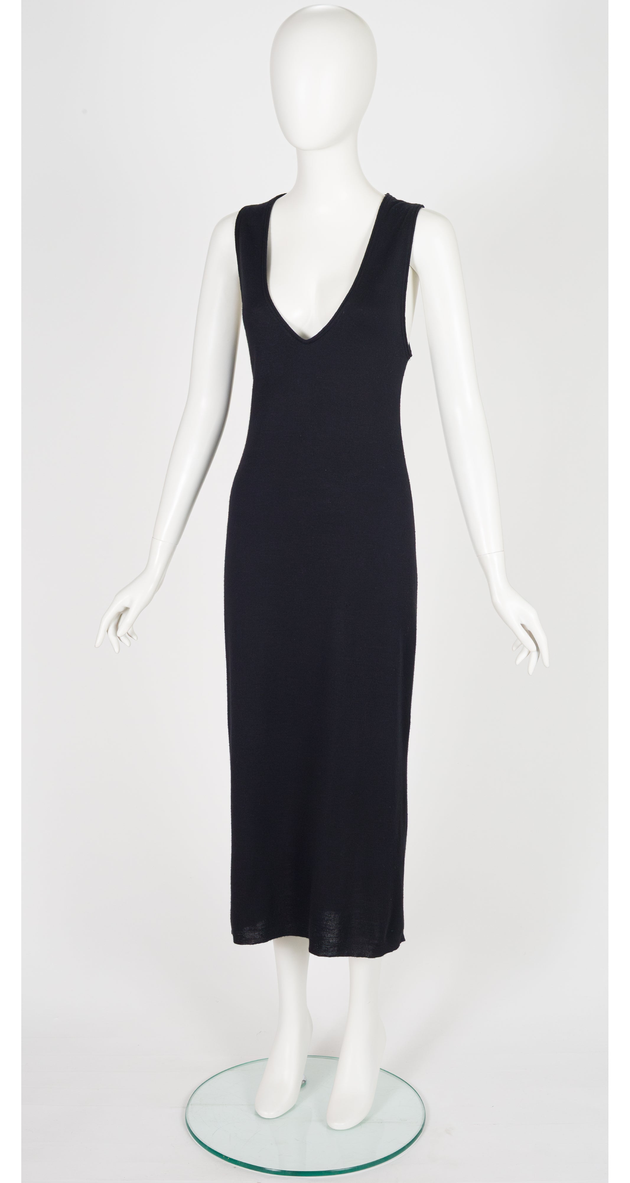 1990s Black Wool Knit Deep V Neck Midi Dress