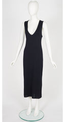 1990s Black Wool Knit Deep V Neck Midi Dress