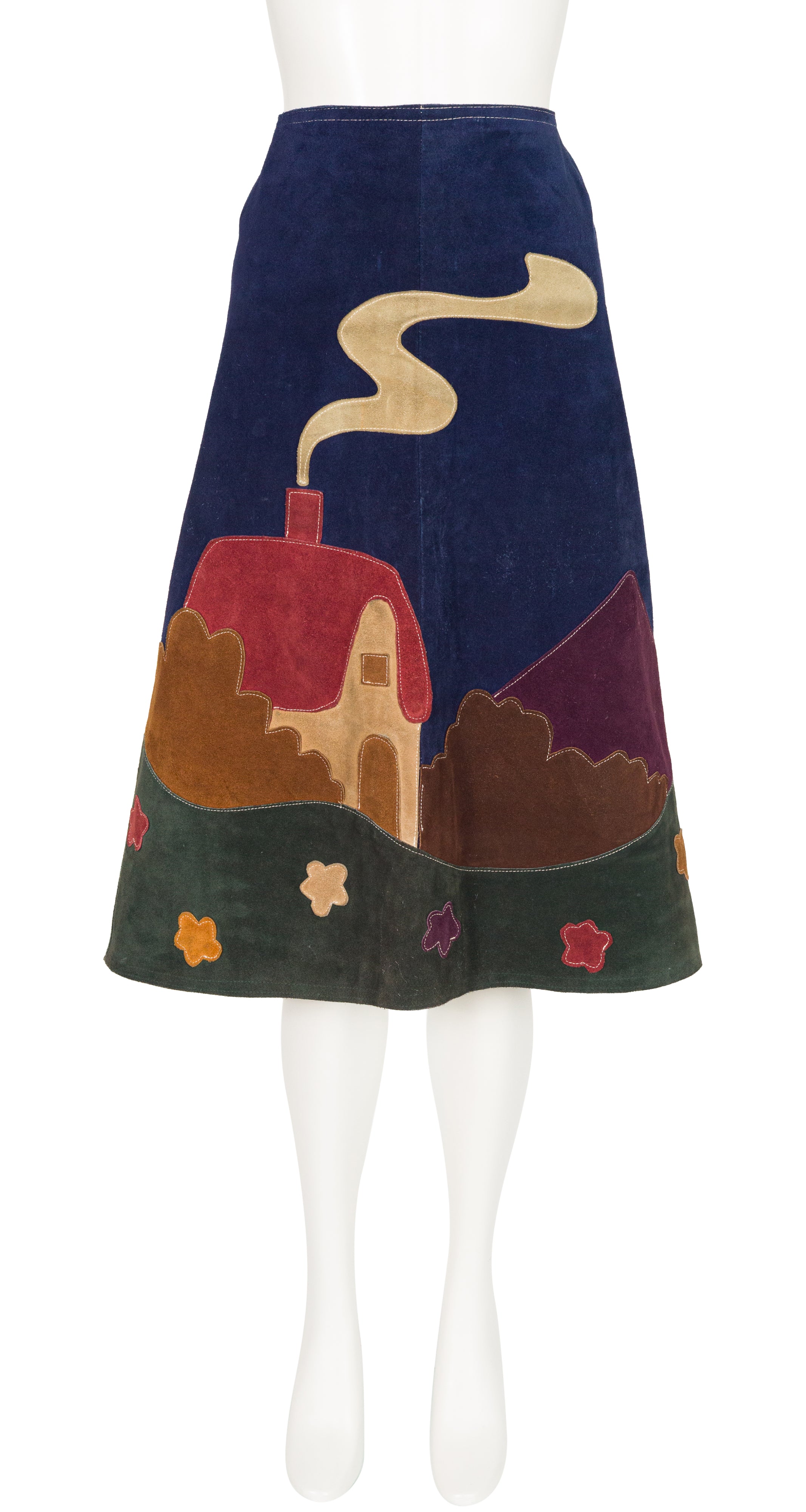 1970s Scenic Appliqué Navy Suede A-Line Midi Skirt