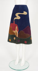 1970s Scenic Appliqué Navy Suede A-Line Midi Skirt
