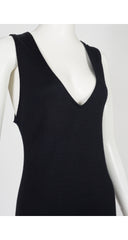 1990s Black Wool Knit Deep V Neck Midi Dress