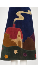 1970s Scenic Appliqué Navy Suede A-Line Midi Skirt