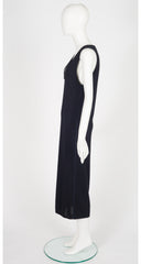 1990s Black Wool Knit Deep V Neck Midi Dress