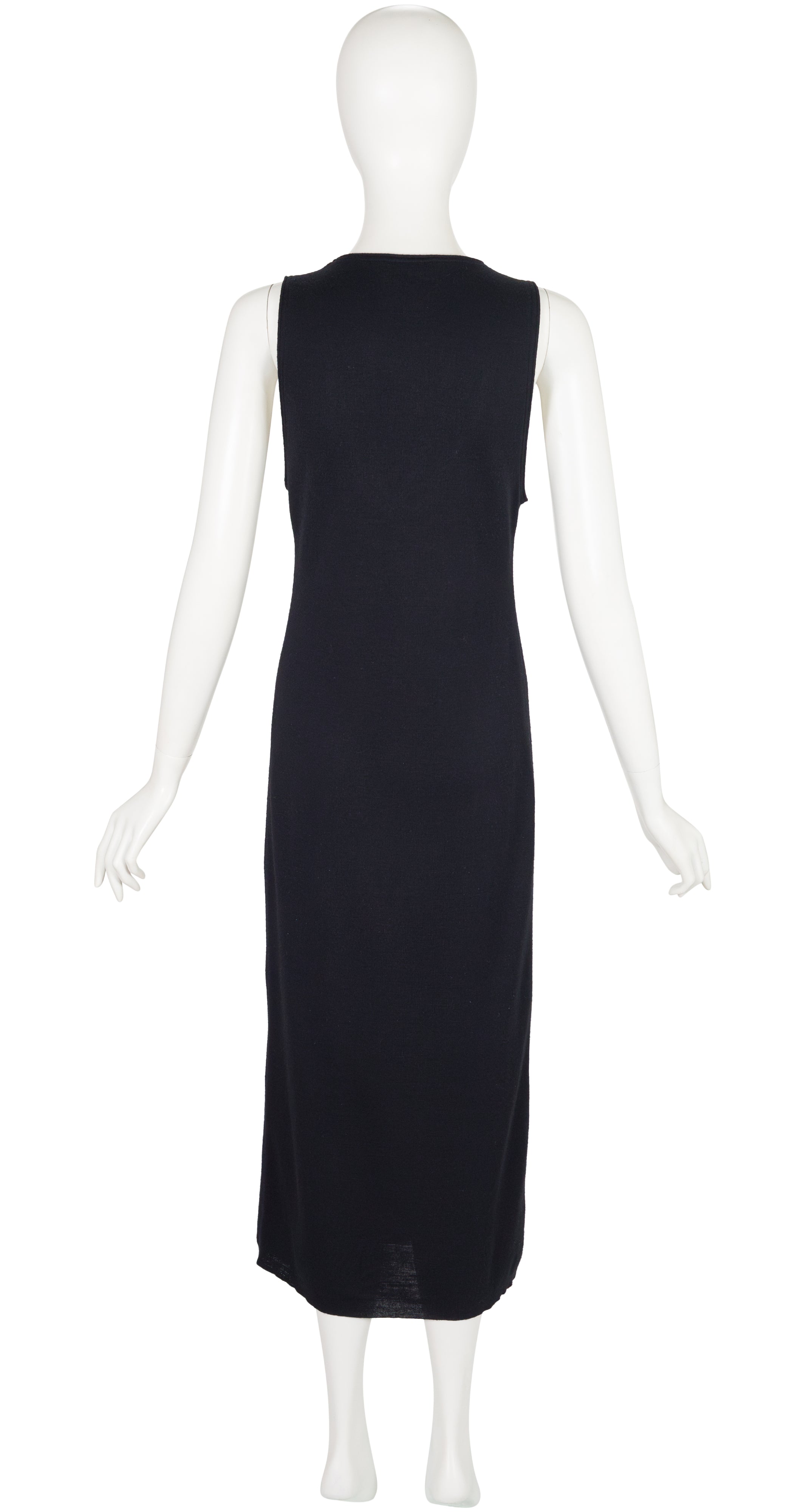 1990s Black Wool Knit Deep V Neck Midi Dress