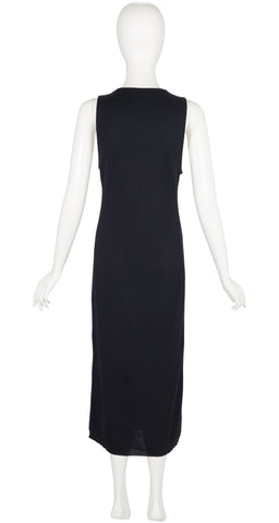 1990s Black Wool Knit Deep V Neck Midi Dress