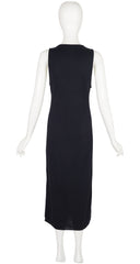 1990s Black Wool Knit Deep V Neck Midi Dress