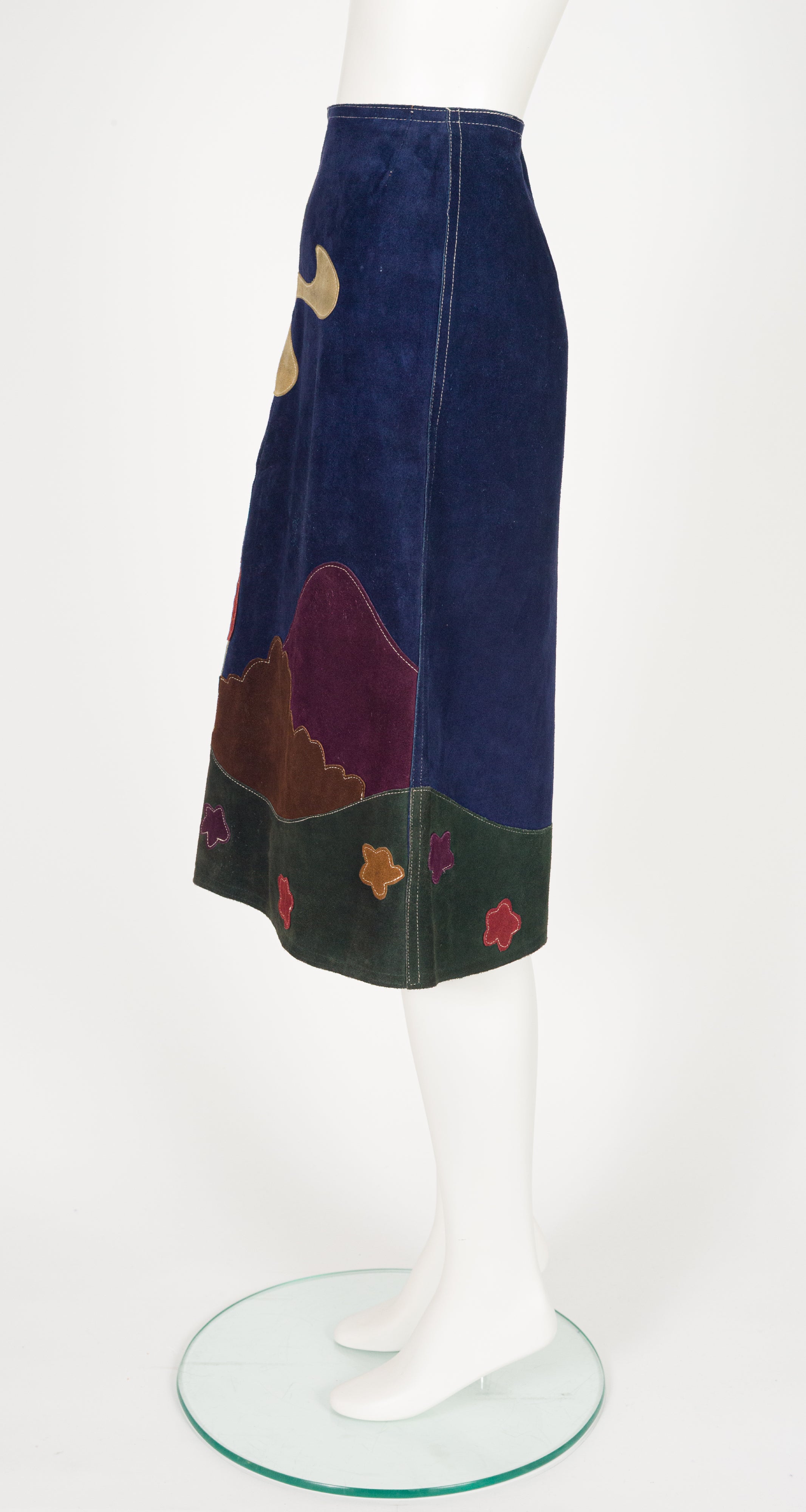 1970s Scenic Appliqué Navy Suede A-Line Midi Skirt