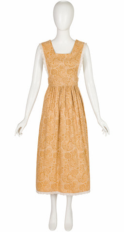 1970s Griffin Block Print Cotton Pinafore Midi Dress