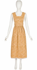 1970s Griffin Block Print Cotton Pinafore Midi Dress
