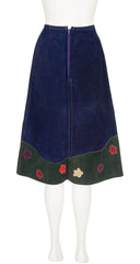 1970s Scenic Appliqué Navy Suede A-Line Midi Skirt