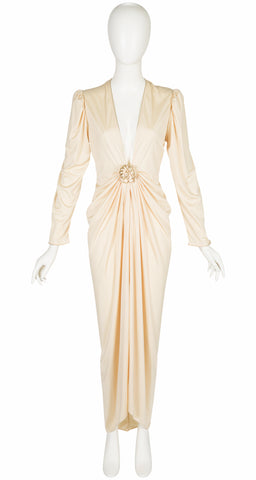 1980s Cream Jersey Plunge Neck Evening Dress