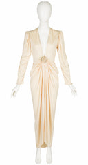 1980s Cream Jersey Plunge Neck Evening Dress