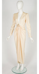 1980s Cream Jersey Plunge Neck Evening Dress