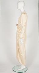 1980s Cream Jersey Plunge Neck Evening Dress