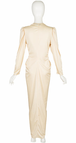 1980s Cream Jersey Plunge Neck Evening Dress