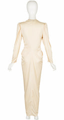 1980s Cream Jersey Plunge Neck Evening Dress