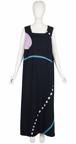 1977 "Heraaminen" Print Black Cotton Tent Maxi Dress