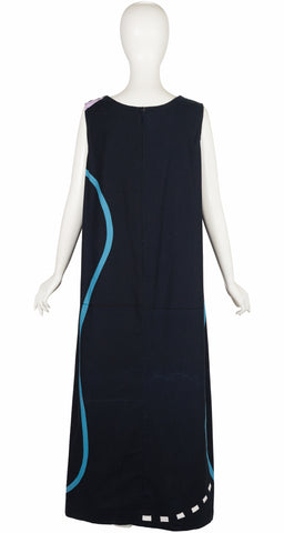 1977 "Heraaminen" Print Black Cotton Tent Maxi Dress