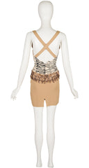 1989 S/S Zebra Print Beaded Fringe Cross-Back Mini Dress