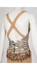 1989 S/S Zebra Print Beaded Fringe Cross-Back Mini Dress