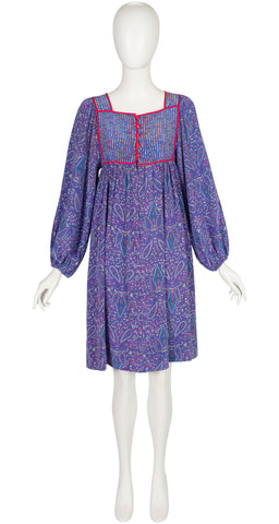 1977 S/S Paisley Blue Silk Balloon Sleeve Bib Dress