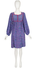 1977 S/S Paisley Blue Silk Balloon Sleeve Bib Dress