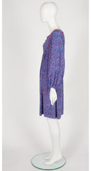 1977 S/S Paisley Blue Silk Balloon Sleeve Bib Dress