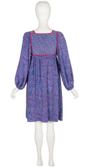 1977 S/S Paisley Blue Silk Balloon Sleeve Bib Dress