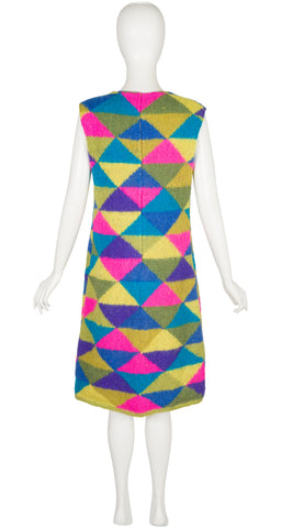 1960s Mod Geometric Print Wool Knit Shift Dress