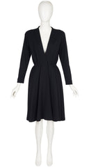 1987 S/S Black Wool Jersey Plunge Neck Wrap Dress