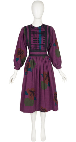 1983 F/W Ad Campaign Floral Plum Cotton Bib Dress