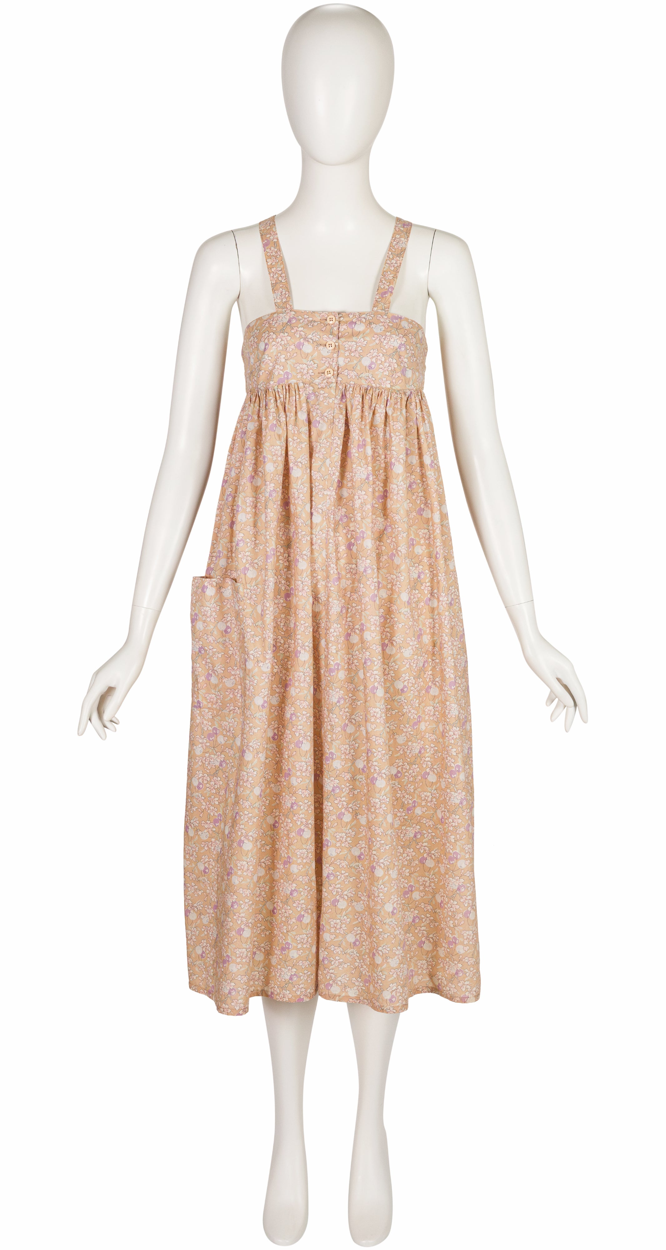1970s Liberty Cherry Print Crossback Cotton Midi Dress