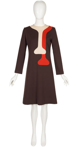 1970s Space Age Brown Wool Jersey Dress