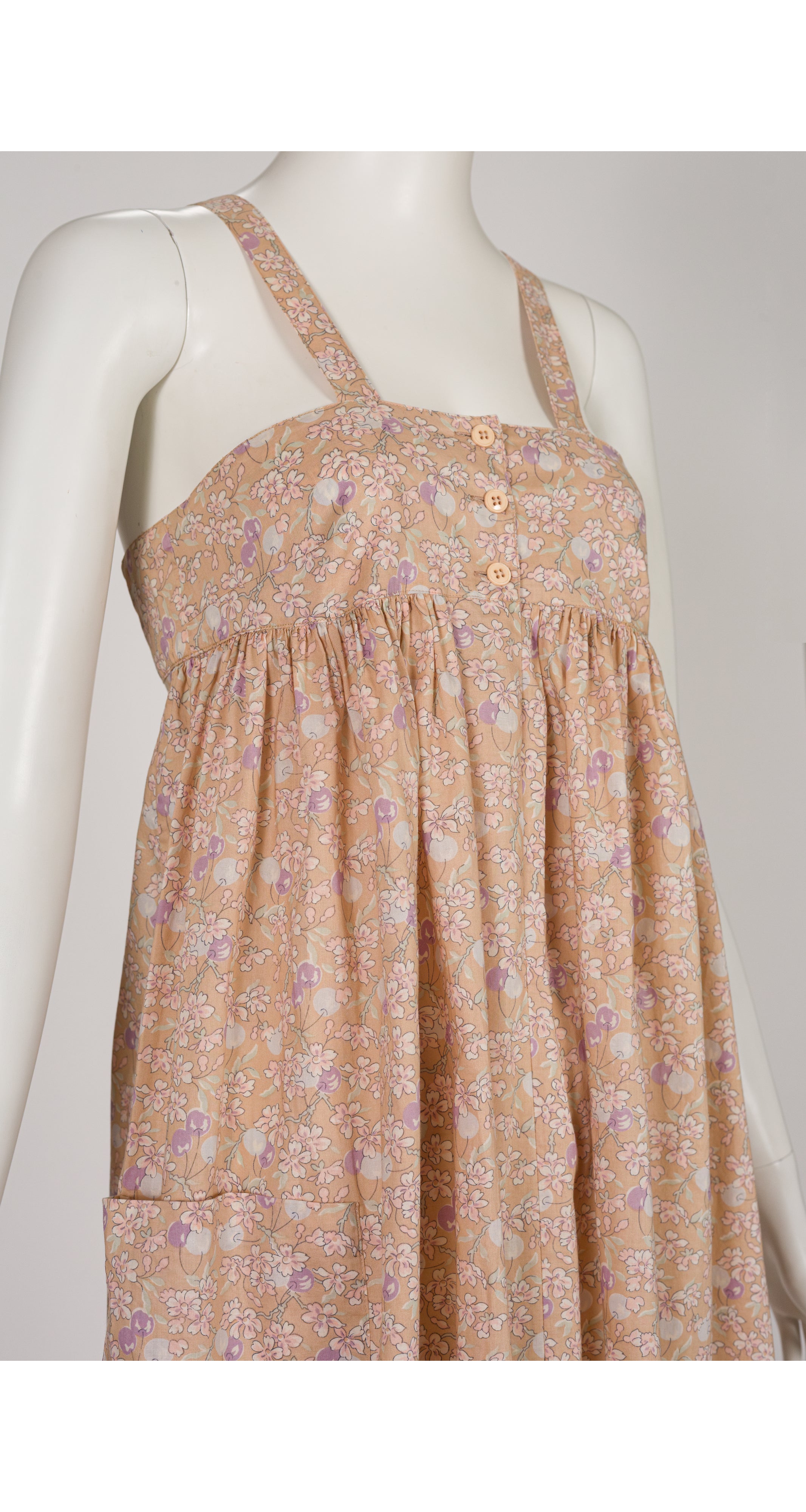 1970s Liberty Cherry Print Crossback Cotton Midi Dress
